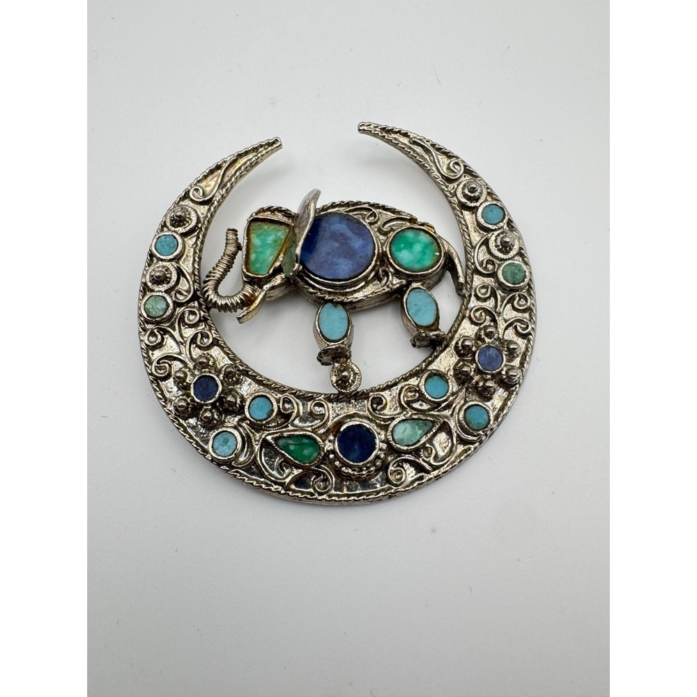 Vintage ART Brooch Crescent Moon 1960s Moghul Elephant  Filigree READ